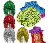 SUPVOX Set 4 Cappelli Da Rave Al Neon e 4 Parrucche Di Lamé Per Feste Adulto, Accessori Costume in Plastica Leggera Per Party Cosplay, Halloween e Festival