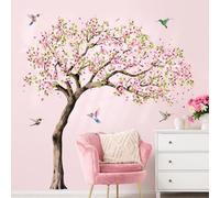 Supzone Adesivi Murali Fiori Decorazioni Muro con Alberi di Fiori di Ciliegio Realistici e Uccelli, Adesivi da Parete Autoadesivi Rimovibili per Soggiorno e Camera da Letto, Vetrofanie Primavera