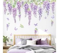 Supzone Adesivi Murali Fiori Viola Grande Adesivi da Parete Glicine Foglie di Vite Floreale Decorazioni Murale Cameretta Bimba Camera da Letto Soggiorno