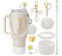 SUQ 7PCS Stanley Cup Accessori Set, Bottiglia d'Acqua Decor Compatibile con Stanley Cup, Include Tappo a Prova di Spilla, Cinghia Maniglia, Charms, Manicotto in Silicone, Non Compresa Coppa (Bianco)