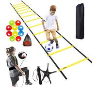 SUQ Accessori per Allenamento Calcio, 14 m Scaletta per Agilità, con Kick Trainer, 10 Coni a Disco, Attrezzature per l'Allenamento per Bambini, Set di Allenamento per velocità e Agilità