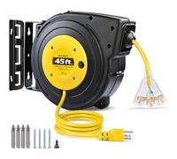 Suraielec 12 Gauge Extension Cord Reel, 45 FT Retractable Extension Cord, 12 AWG/3C SJTOW Heavy Duty Power Cord, 15 AMP Circuit Breaker, Lighted Triple Tap, Ceiling or Wall Mount, UL Listed