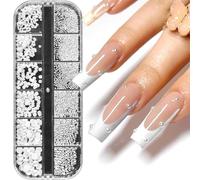 SURALIN 1 Scatola/12 Pezzi Ciondoli per Nail Art con Perle Bianche, Strass Unghie a Semicerchio, Piccole Perline in Acciaio Inossidabile Decorazione per Nail Art con Pietra Brillantini