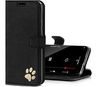 SURAZO Custodia a Portafoglio in Pelle Compatibile con iPhone 12, 3 Tasche Incorporate, Chiusura Magnetica e Funzione di Supporto, Vera Pelle artigianale Italiana, Zampa di Cane, Nabuk Nero