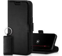 SURAZO Custodia in pelle di alta qualità 2.0, per Apple iPhone 14, pieghevole, in vera pelle, con magnete, scomparto per carte di credito, protezione RFID, portachiavi, in pelle (costa nero)