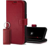 SURAZO Custodia in pelle per Apple iPhone 15 Pro Max, pieghevole, in vera pelle, con chiusura magnetica, scomparto per carte di credito, protezione RFID, funzione leggio, in pelle (rosso costa)