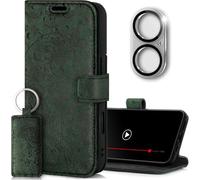 SURAZO Custodia in pelle per Apple iPhone 16, pieghevole, in vera pelle, con scomparto per carte di credito, protezione RFID, funzione di supporto, protezione per fotocamera, vetro