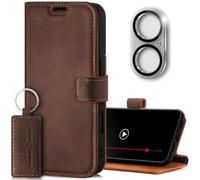 SURAZO Custodia in pelle per Apple iPhone 16 Plus, pieghevole, in vera pelle, scomparto per carte di credito, protezione RFID, funzione di supporto, protezione per fotocamera, vetro