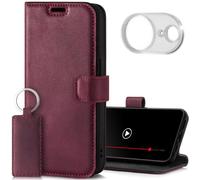 SURAZO Custodia in pelle per Apple iPhone 16e, con protezione per fotocamera e supporto, in vera pelle, con scomparto per carte di credito, protezione RFID, realizzata a mano (bordeaux)