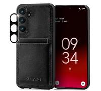 SURAZO Custodia in pelle per Samsung Galaxy S25, con protezione della fotocamera, in vera pelle, con scomparto per carte di credito, anello portachiavi, in vera pelle antiurto (nero)