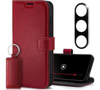 SURAZO Custodia in pelle per Samsung Galaxy S25, con protezione per fotocamera e supporto, in vera pelle, con scomparto per carte di credito, protezione RFID, realizzata a mano (rosso)