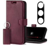 SURAZO Custodia in pelle per Samsung Galaxy S25, con protezione per fotocamera e supporto, in vera pelle, con scomparto per carte di credito, protezione RFID, realizzata a mano (bordeaux)