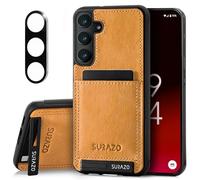 SURAZO Custodia in pelle per Samsung Galaxy S25 Plus, con protezione della fotocamera, in vera pelle, con scomparto per carte di credito, funzione leggio, anello portachiavi, in vera pelle antiurto