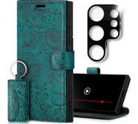 SURAZO Custodia in pelle per Samsung Galaxy S25 Ultra con protezione per fotocamera e supporto, in vera pelle con scomparto per carte di credito, protezione RFID, motivo floreale, turchese