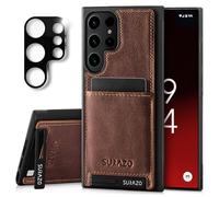 SURAZO Custodia in pelle per Samsung Galaxy S25 Ultra con protezione per fotocamera, in vera pelle, con scomparto per carte di credito, funzione leggio, anello portachiavi, in vera pelle antiurto