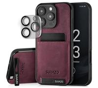 SURAZO Custodia in vera pelle per Apple iPhone 16 Pro, resistente agli urti, in pelle, protezione per fotocamera, scomparto per carte di credito, funzione leggio, portachiavi