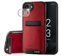 SURAZO Custodia in vera pelle per Apple iPhone 16e, con protezione per fotocamera, funzione leggio, portachiavi antiurto (rosso)