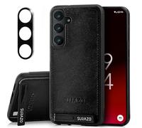 SURAZO Custodia in vera pelle per Samsung Galaxy S25, con protezione per fotocamera, funzione leggio, portachiavi (nero)