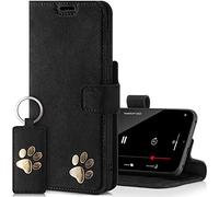 SURAZO Custodia per Apple iPhone 15 Pro Max, in vera pelle, con motivo zampa, con chiusura a libro RFID, magnetica, funzione leggio, scomparto per carte di credito, in pelle (nubuck nero)