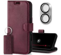 SURAZO Custodia per Apple iPhone 16 Plus, in pelle, pieghevole, in vera pelle, con scomparto per carte di credito, protezione RFID, funzione di supporto per fotocamera, vetro