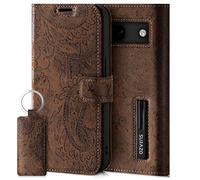 SURAZO Custodia per Google Pixel 8a, in pelle, pieghevole, in vera pelle, con chiusura magnetica, scomparto per carte di credito, protezione RFID, a portafoglio, in pelle (motivo floreale marrone)