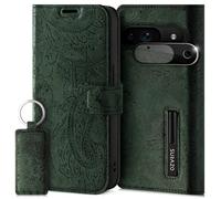SURAZO Custodia per Google Pixel 9 5G, in pelle, pieghevole, in vera pelle, magnetica, scomparto per carte di credito, protezione RFID, funzione di supporto per fotocamera, colore: verde