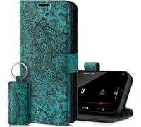 SURAZO Custodia per Xiaomi Mi 11 Pro 5G, in vera pelle, con funzione di supporto, scomparto per carte di credito, RFID, motivo floreale, realizzata a mano, colore: turchese