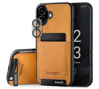 SURAZO Custodia posteriore in vera pelle per Apple iPhone 16 Plus, resistente agli urti, in pelle, protezione per fotocamera, scomparto per carte di credito, funzione leggio, portachiavi