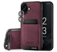 SURAZO Custodia posteriore in vera pelle per Apple iPhone 16 Plus, resistente agli urti, in pelle, protezione per fotocamera, scomparto per carte di credito, funzione leggio, portachiavi