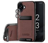 SURAZO Custodia posteriore in vera pelle per Apple iPhone 16 Plus, resistente agli urti, protezione per fotocamera, scomparto per carte di credito, portachiavi