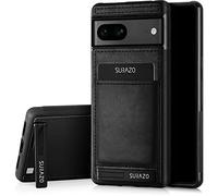 SURAZO Custodia posteriore in vera pelle per Google Pixel 7A - Custodia antiurto in pelle con scomparto per carte di credito, funzione leggio, portachiavi Vintage Slim Bumper (Costa Nero)
