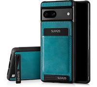 SURAZO Custodia posteriore in vera pelle per Google Pixel 7A, resistente agli urti, con scomparto per carte di credito, funzione leggio, portachiavi vintage slim bumper (turchese)