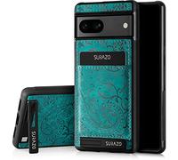SURAZO Custodia posteriore in vera pelle per Google Pixel 7A, resistente agli urti, con scomparto per carte di credito, funzione leggio, portachiavi Floral Slim Bumper (ornamento turchese)