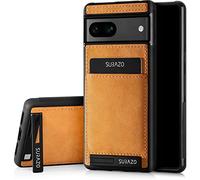 SURAZO Custodia posteriore in vera pelle per Google Pixel 7A, resistente agli urti, con scomparto per carte di credito, funzione leggio, portachiavi vintage slim bumper (cammello)