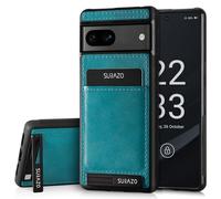 SURAZO Custodia posteriore in vera pelle per Google Pixel 8, resistente agli urti, con scomparto per carte di credito, funzione di supporto, portachiavi vintage slim bumper (turchese)