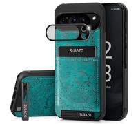 SURAZO Custodia posteriore in vera pelle per Google Pixel 9 Pro XL - Custodia protettiva in pelle antiurto [vetro protettivo per fotocamera, scomparto per carte di credito, funzione leggio,