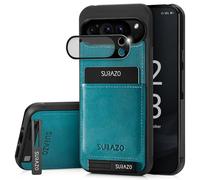 SURAZO Custodia posteriore in vera pelle per Google Pixel 9 Pro XL - Custodia protettiva in pelle antiurto [vetro protettivo per fotocamera, scomparto per carte di credito, funzione leggio,