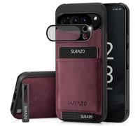 SURAZO Custodia posteriore in vera pelle per Google Pixel 9 Pro XL - Custodia protettiva in pelle antiurto [vetro protettivo per fotocamera, scomparto per carte di credito, funzione leggio,