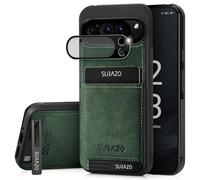 SURAZO Custodia posteriore in vera pelle per Google Pixel 9 Pro XL, resistente agli urti, in vetro, scomparto per carte di credito, portachiavi