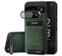 SURAZO Custodia posteriore in vera pelle per Google Pixel 9, resistente agli urti, con protezione per fotocamera, vetro, scomparto per carte di credito, funzione leggio, portachiavi Bumper