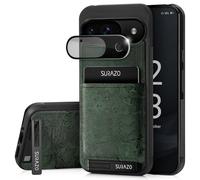 SURAZO Custodia posteriore in vera pelle per Google Pixel 9, resistente agli urti, in vetro, scomparto per carte di credito, portachiavi