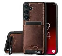 SURAZO Custodia posteriore in vera pelle per Samsung Galaxy A35, resistente agli urti, scomparto per carte di credito, funzione leggio, portachiavi vintage slim bumper (marrone)