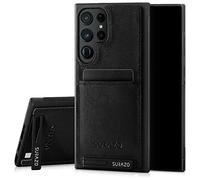 SURAZO Custodia posteriore in vera pelle per Samsung Galaxy S23 Ultra - Custodia antiurto in pelle con scomparto per carte di credito, funzione leggio, portachiavi vintage slim bumper (nero)