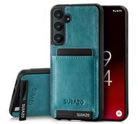 SURAZO Custodia posteriore in vera pelle per Samsung Galaxy S24 FE - Custodia antiurto in pelle [scomparto per carte di credito, funzione leggio, portachiavi] Bumper posteriore cover turchese