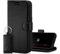 SURAZO Custodia protettiva per Apple iPhone 15 Plus, in vera pelle, con porta carte di credito, chiusura magnetica, supporto, protezione integrale per lo schermo (nero)