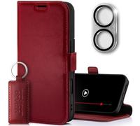 SURAZO Custodia slim magnetica per Apple iPhone 16, in vera pelle, con scomparto per carte di credito, protezione RFID, protezione per fotocamera, in vetro, a portafoglio, in pelle (rosso)