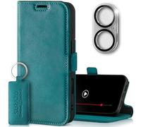 SURAZO Custodia slim magnetica per Apple iPhone 16 Plus, in vera pelle, con scomparto per carte di credito, protezione RFID, protezione per fotocamera, a portafoglio, in pelle (turchese)