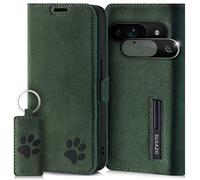 SURAZO Custodia slim magnetica per Google Pixel 9 5G, in vera pelle, con motivo zampa, con funzione di supporto, scomparto per carte di credito, protezione della fotocamera, in pelle, colore verde