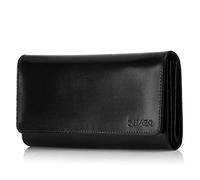 SURAZO® Portafoglio da donna in pelle, grande con 12 scomparti per carte di credito, protezione RFID, portafoglio in pelle, da donna, a portafoglio, Nero, X-Large