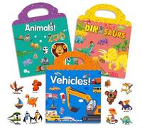 Surcotto Sticker Book, Stickers Bambini Attacca Stacca Book 3 Pack, Temi: Dinosauri, AutomobiliVeicoli e Animali, Adesivi Statico Impermeabile PVC, Giochi Bambini 2 3 4 5 Anni